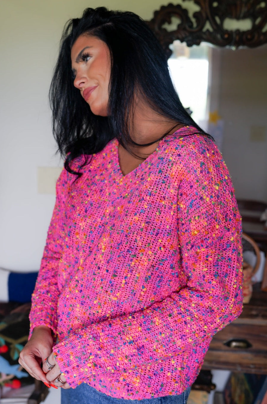 Threaded Pear Liana Spots Knitted V Neck Casual Sweater