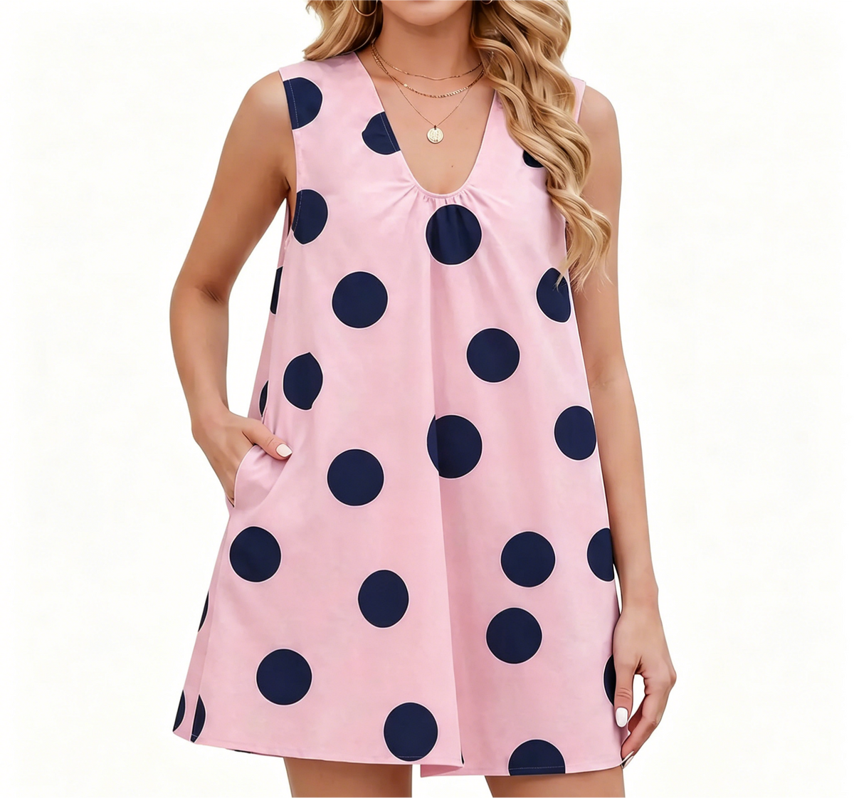 Sleeveless Polka Dot V Neck Shift Mini Dress