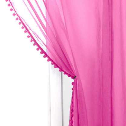 Elegant Comfort Set of 2 Pom Pom Tasseled Sheer Curtain - Rod Pocket