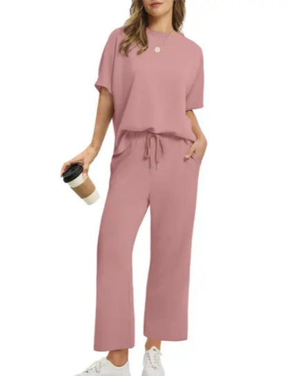 2026 Women Oversized Tshirt and Wide Leg Crop Pants 2 Piece Sets