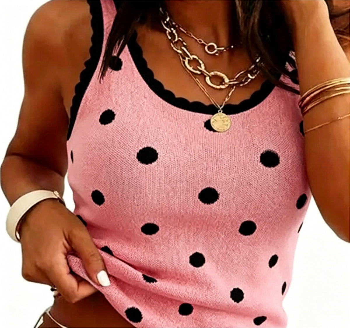 Scallop Trim Polka Dot Knit Tank Top