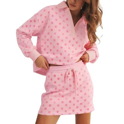 Polka Dot Polo Collar Top Drawstring Mini Skirt Two Piece Set