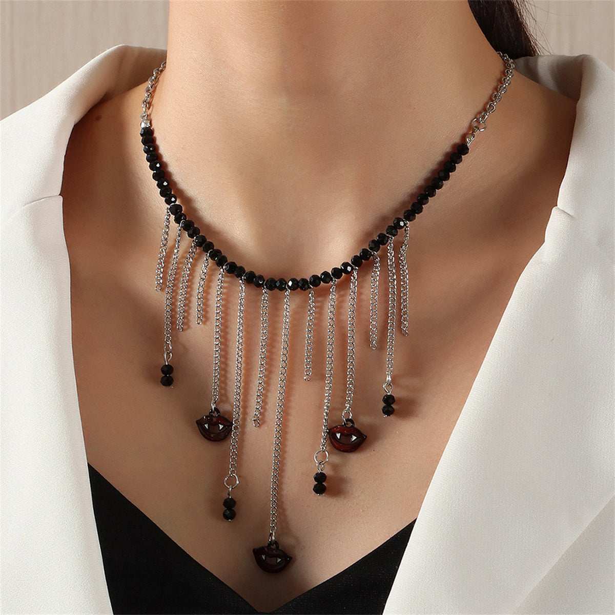 Black Acrylic & Silvertone Vampire Tassel Choker Necklace