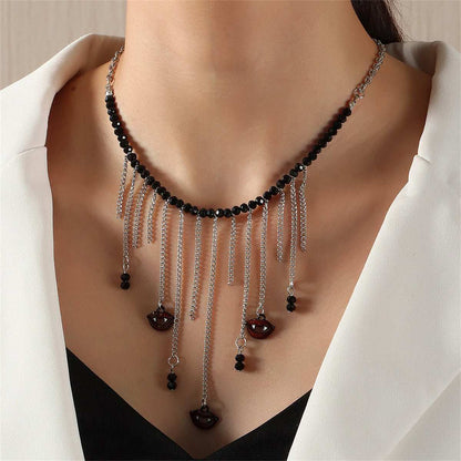 Black Acrylic & Silvertone Vampire Tassel Choker Necklace