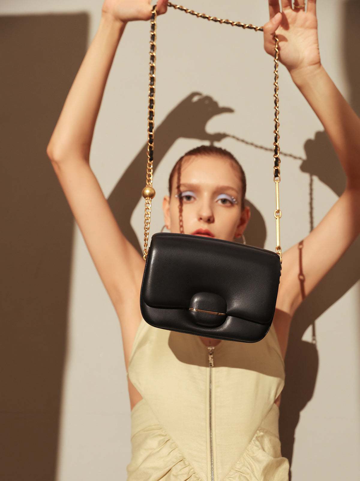 Structured Buckle Leather Shoulder Bag