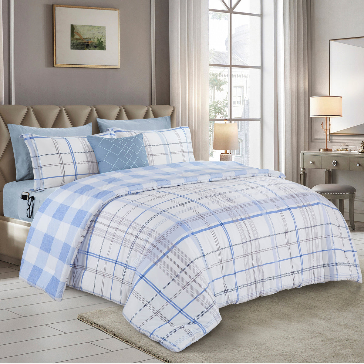 Elegant Comfort 8-Piece Lodge Plaid and Patch Reversible Comforter Set - Includes 4-Piece Sheet Set with Double Sided Storage Pockets