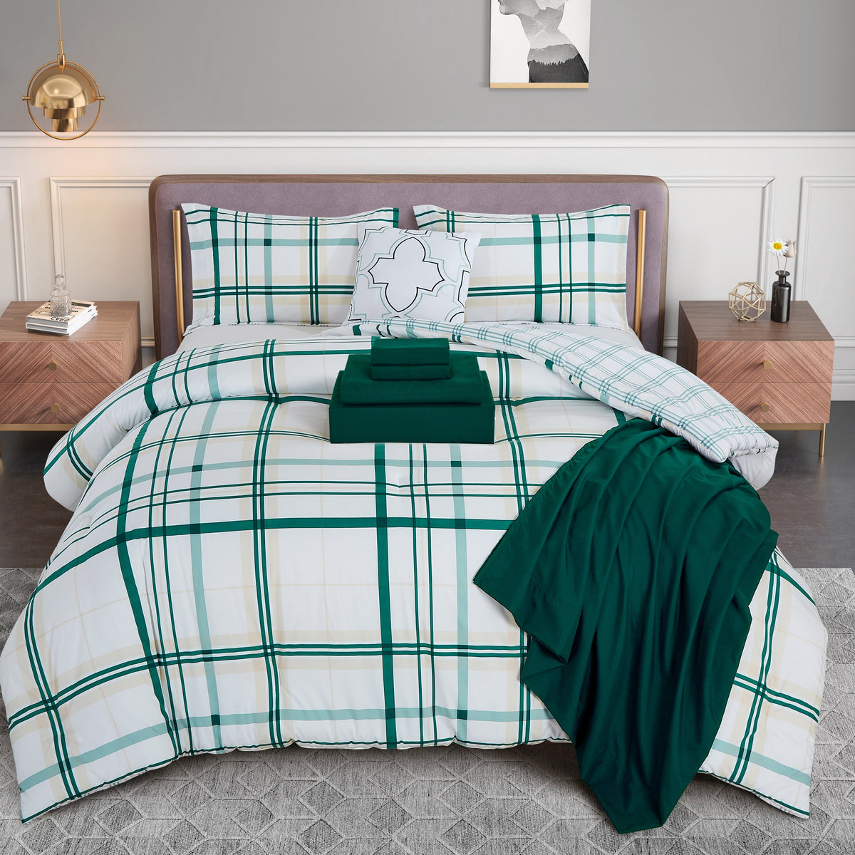 Elegant Comfort 8-Piece Lodge Plaid and Patch Reversible Comforter Set - Includes 4-Piece Sheet Set with Double Sided Storage Pockets