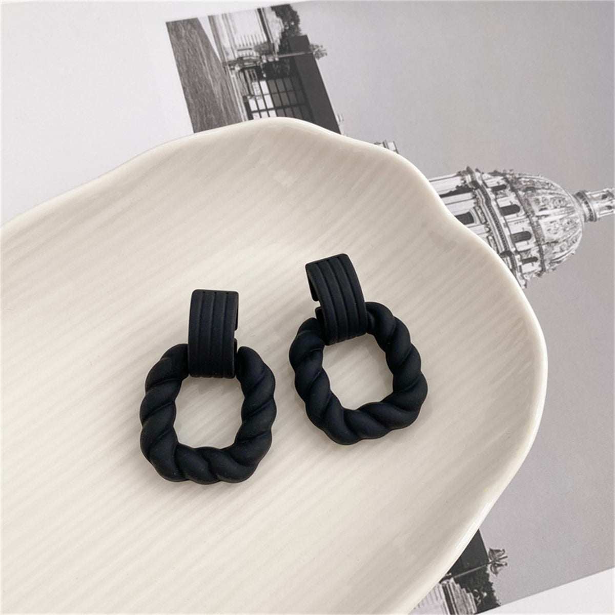 Black Resin & Silvertone Twine Square Drop Earrings