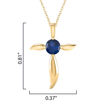 18K Gold Plated Sterling Silver 1.0CT Blue Sapphire Solitaire Cross Pendant with 18" Chain
