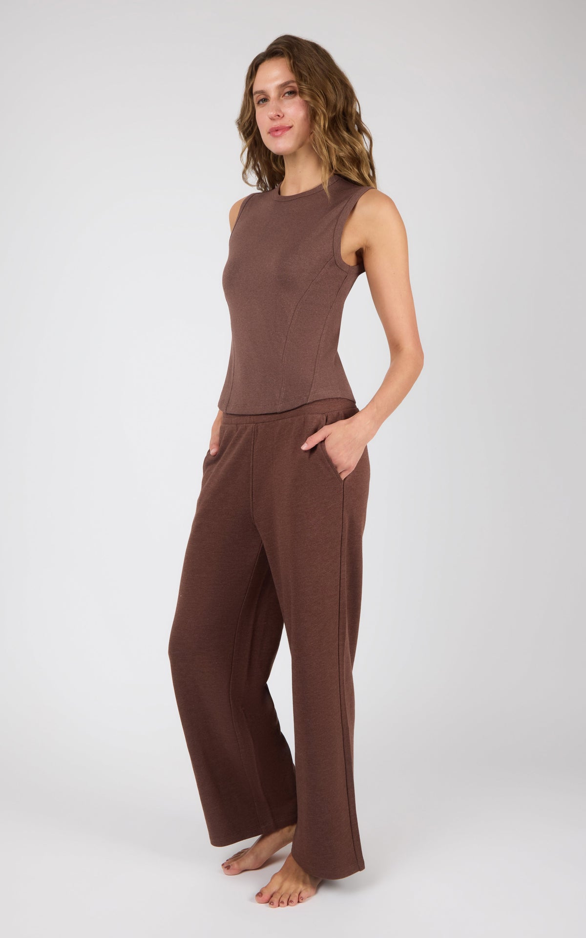 90 Degree by Reflex Ribbed Tank & Loop Terry Wide Leg Pant Set