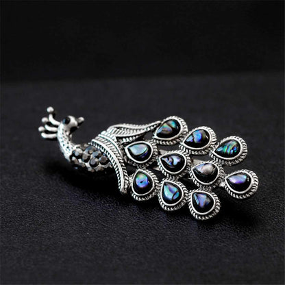 Abalone Shell & Cubic Zirconia Silvertone Peacock Brooch