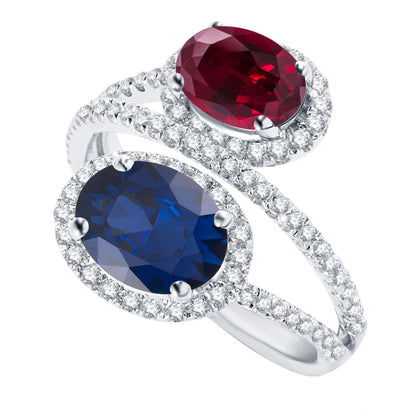 Blue Sapphire and Ruby Sterling Silver Halo Bypass Ring