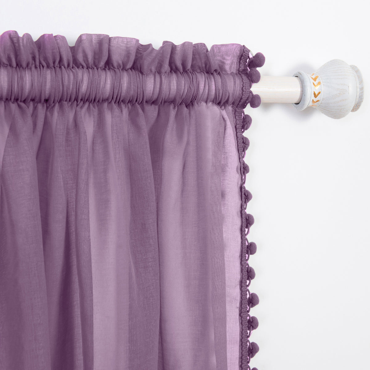 Elegant Comfort Set of 2 Pom Pom Tasseled Sheer Curtain - Rod Pocket