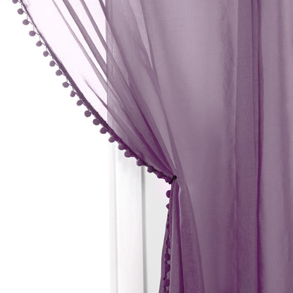 Elegant Comfort Set of 2 Pom Pom Tasseled Sheer Curtain - Rod Pocket