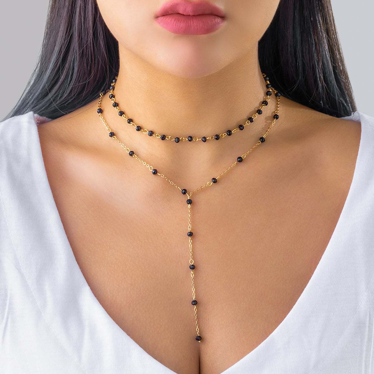 Black Acrylic & Goldtone Lariat Necklace & Choker