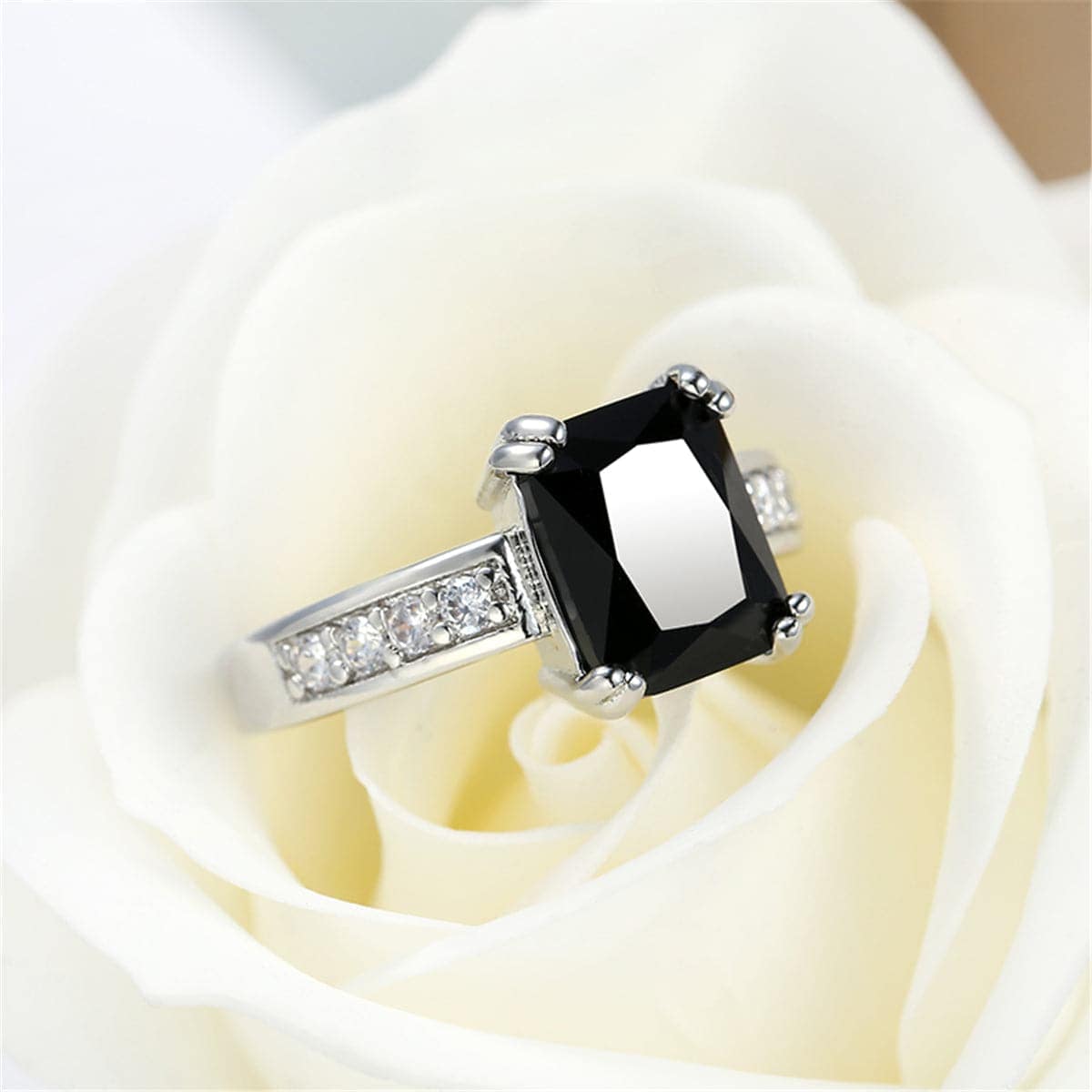 Black Crystal & Silvertone Rectangle Solitaire Ring