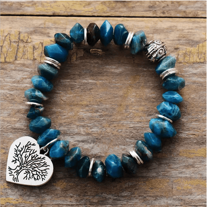 Blue Apatite Beaded Bracelet With Tree-Of-Life Heart Charm
