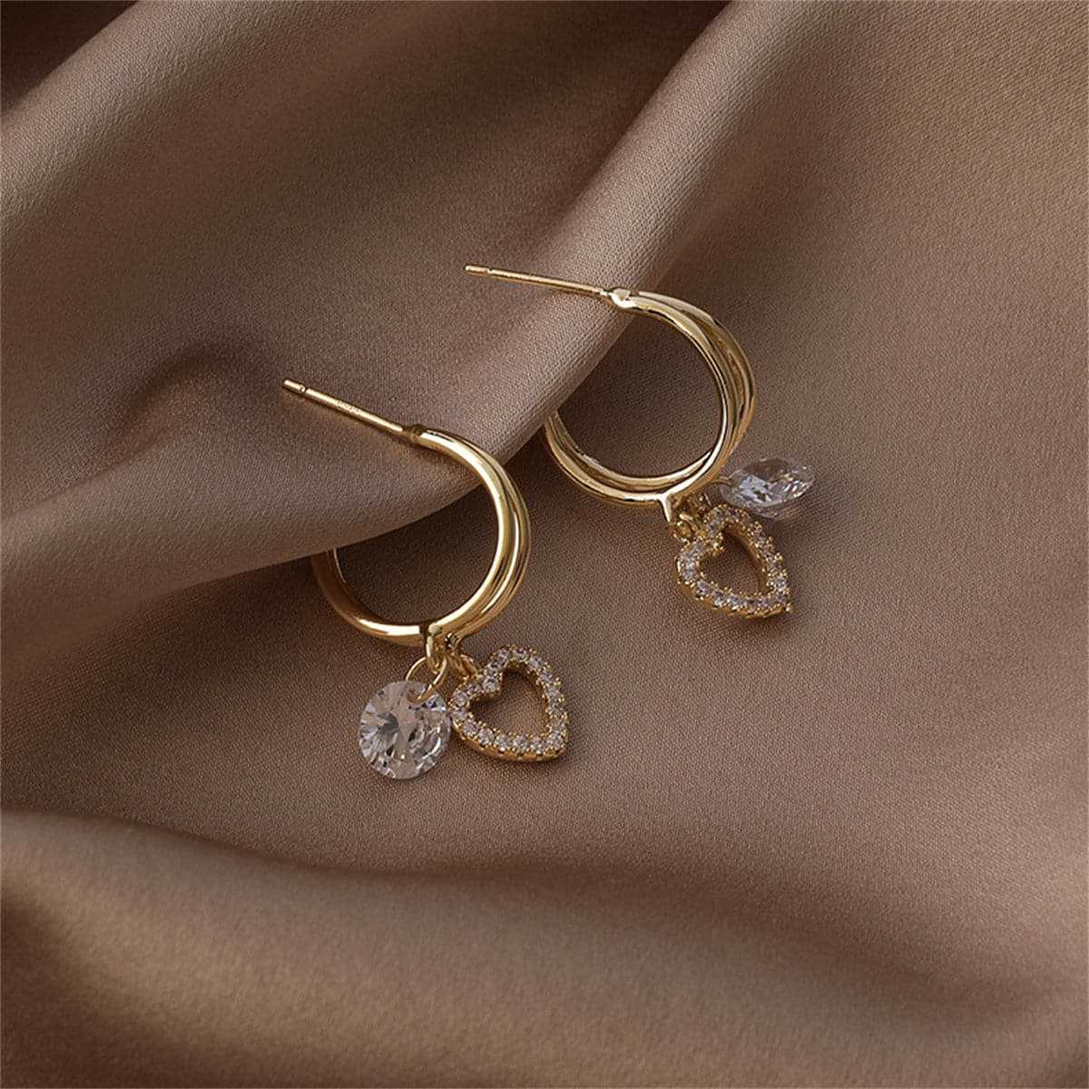 Cubic Zirconia & Goldtone Heart Drop Earrings