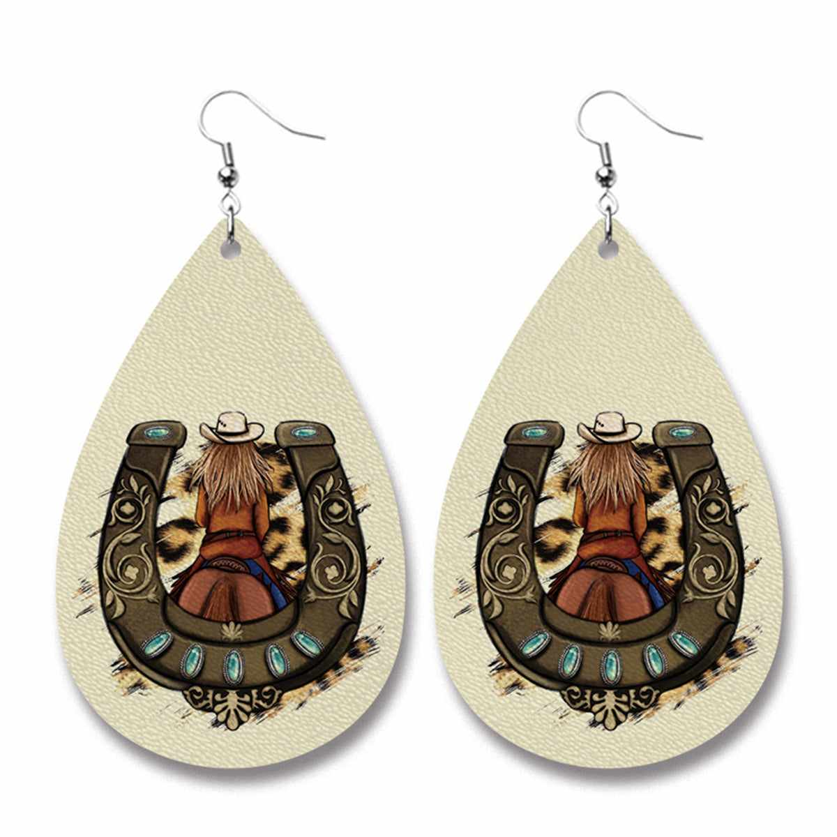 Beige Horseshoe & Cowgirl Teardrop Earrings