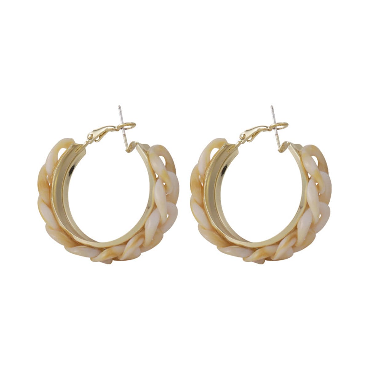 Beige Resin & Goldtone Chain Hoop Earrings