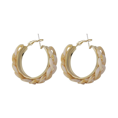 Beige Resin & Goldtone Chain Hoop Earrings
