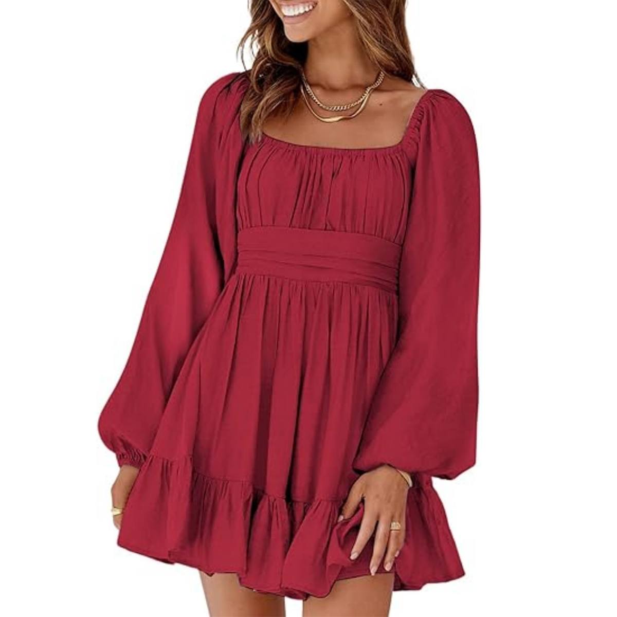 Ruched Waist Long Sleeve A-Line Flowy Dress