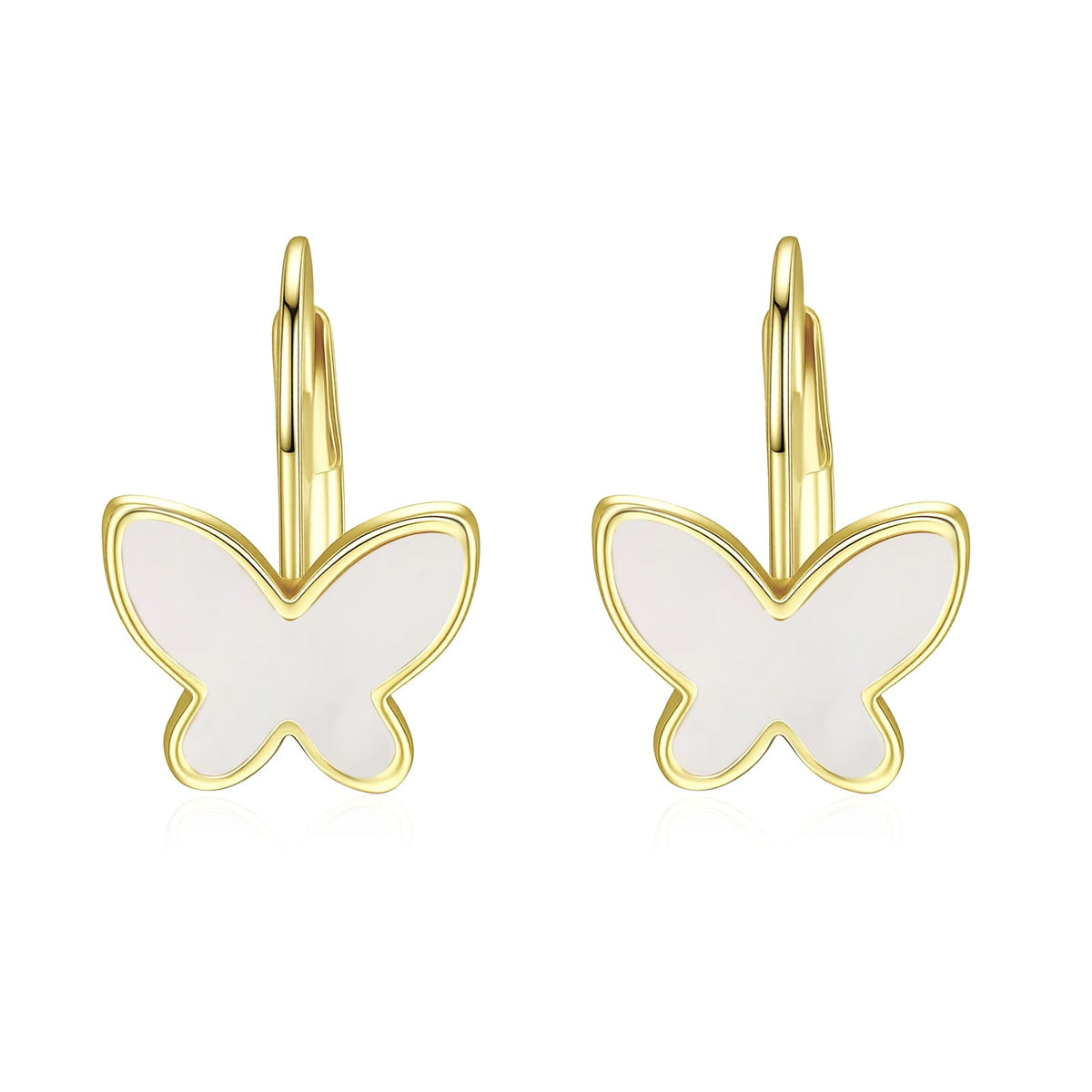 14k Yellow Gold Plated with Mother of Pearl Butterfly Inlay Dangle Drop Leverback Earrings