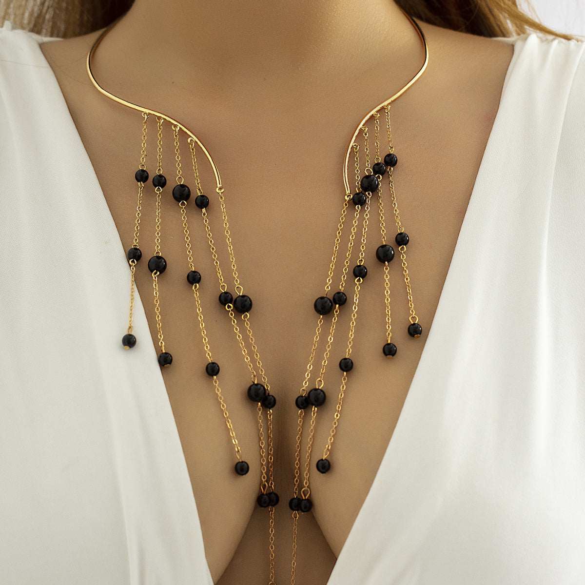 Black Acrylic & Goldtone Bead Tassel Collar Necklace