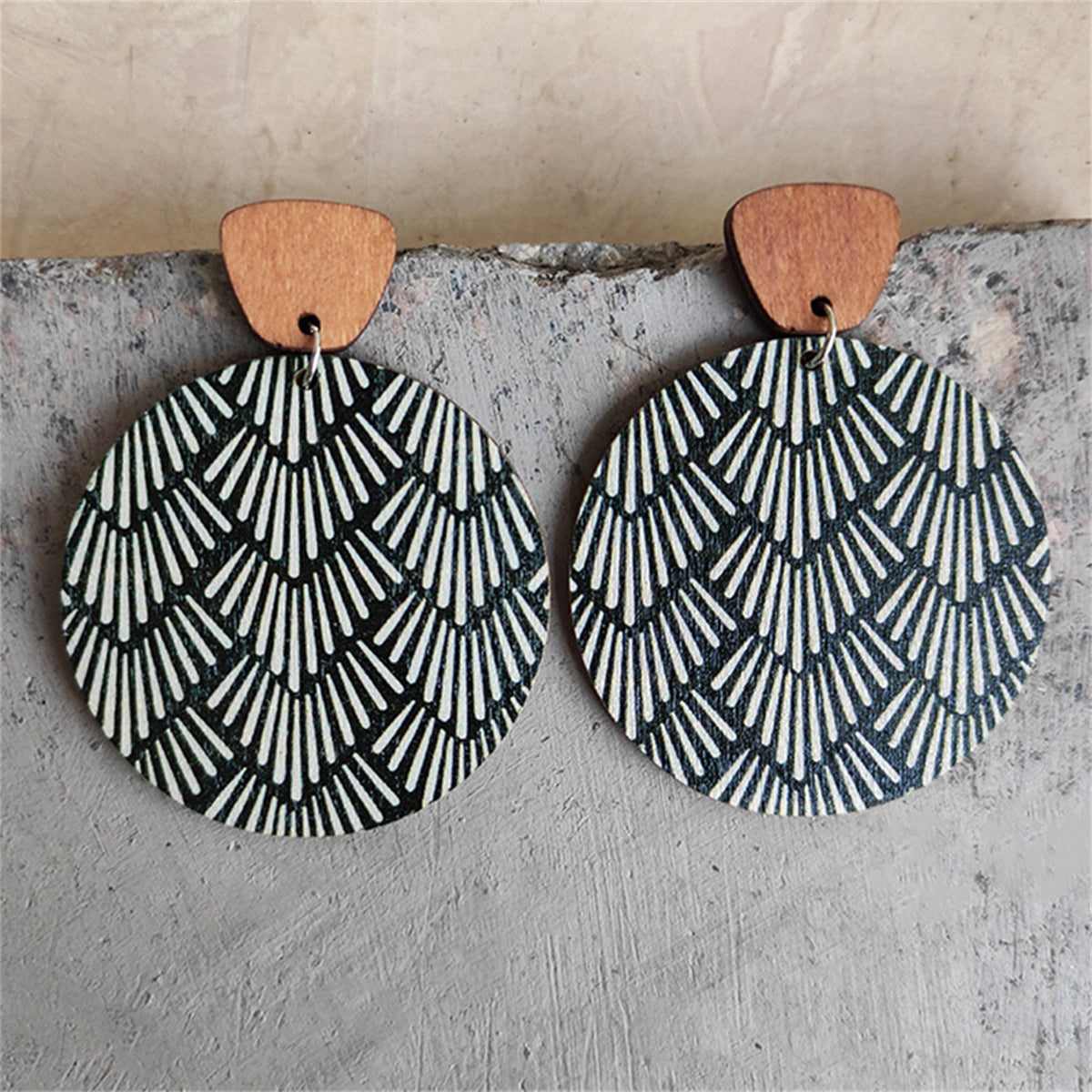 Black Wood & Silvertone Geometric Round Dangle Earrings