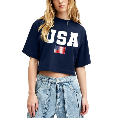 4th of July USA Printed Cropped Shirt