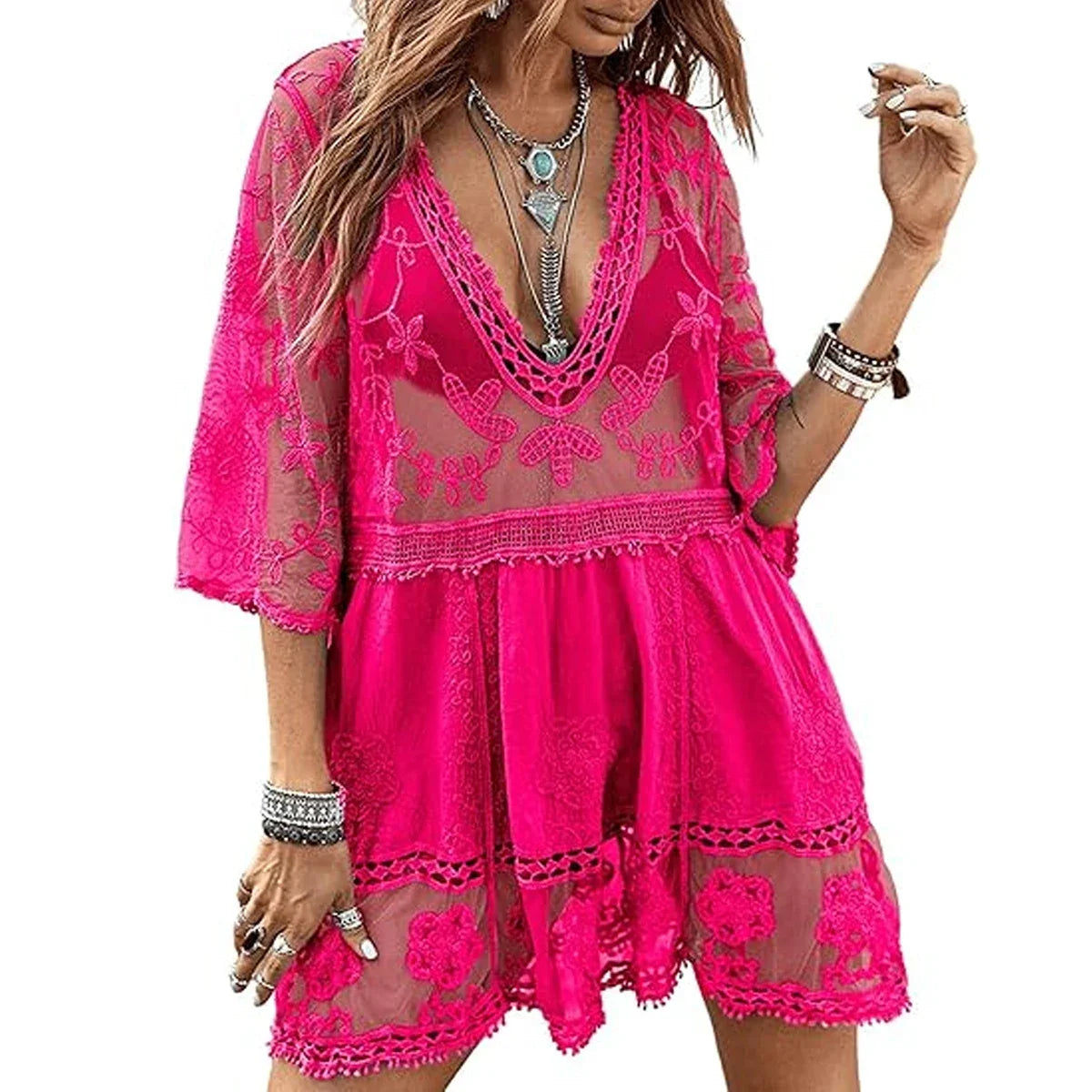 Boho Floral Sheer Cover Up Dress
