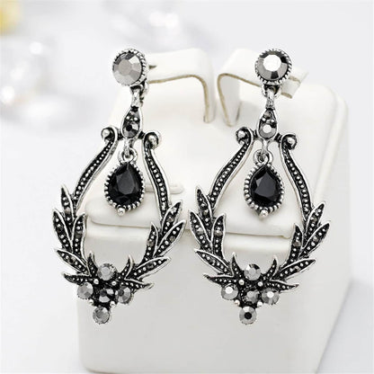 Black Crystal & Cubic Zirconia Botanical Teardrop Earrings