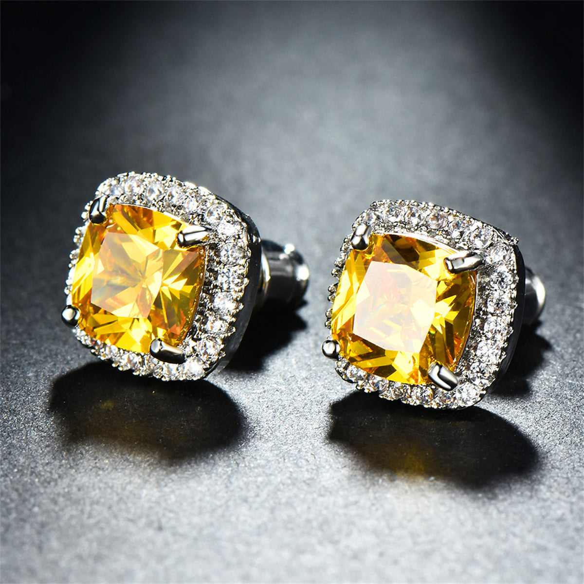 Yellow Princess Crystal & Silvertone Halo Stud Earrings