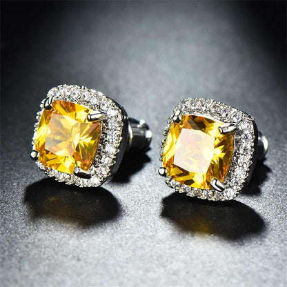 Yellow Princess Crystal & Silvertone Halo Stud Earrings