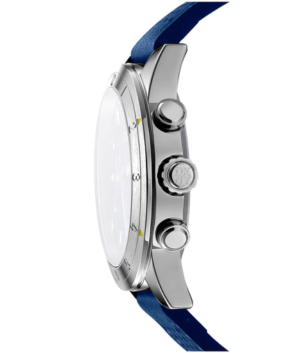 Dkny Men Watch, Silver Color Case, Dark Blue Dial, Dark Blue Leather Strap, Chronograph, 10 Atm