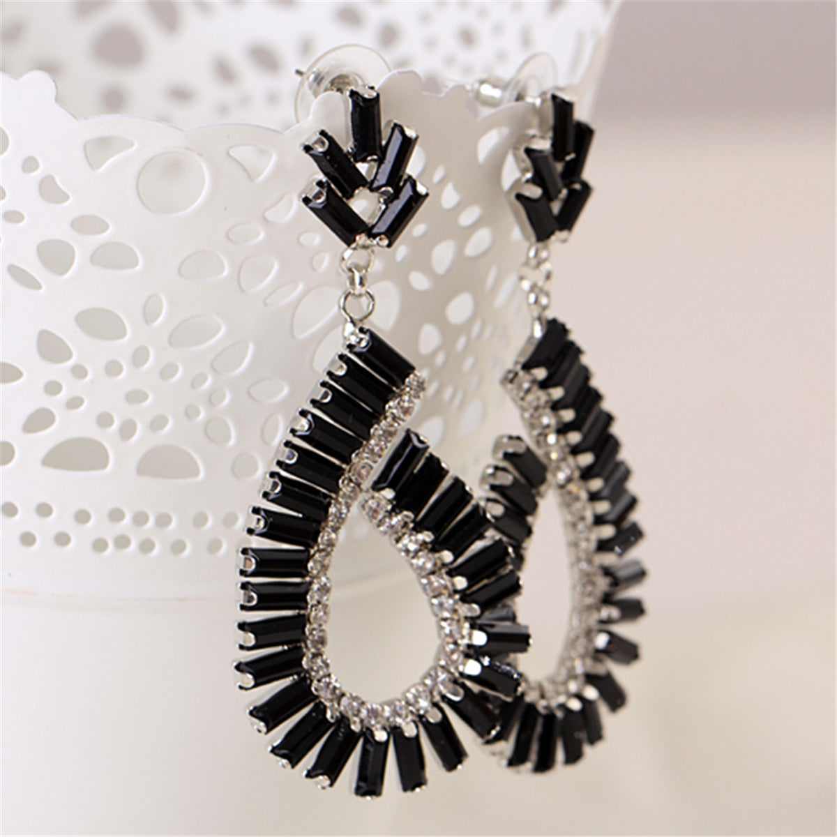 Black & Silvertone Baguette Open Teardrop Earrings