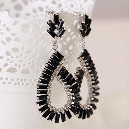 Black & Silvertone Baguette Open Teardrop Earrings