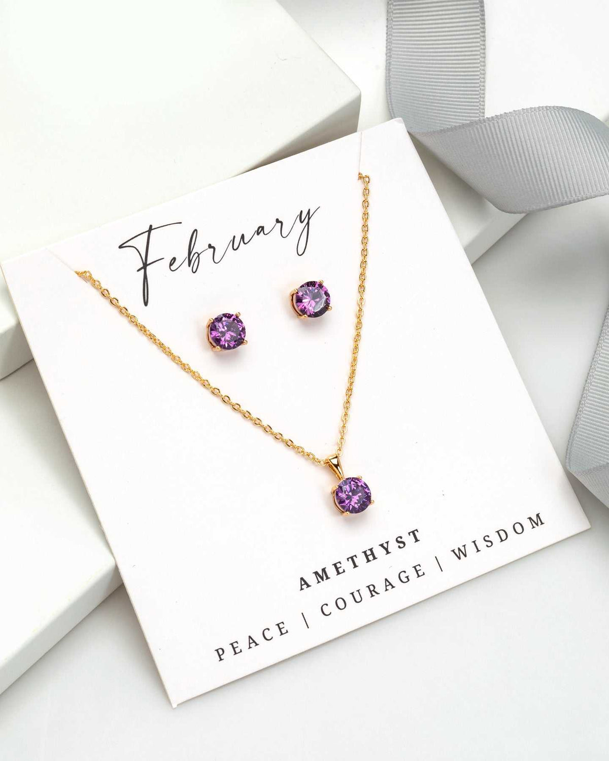 Gold Amethyst- February Swarovski Crystal Necklace Earrings – Cz Birthstone Stud Earring Circular Pendant Set