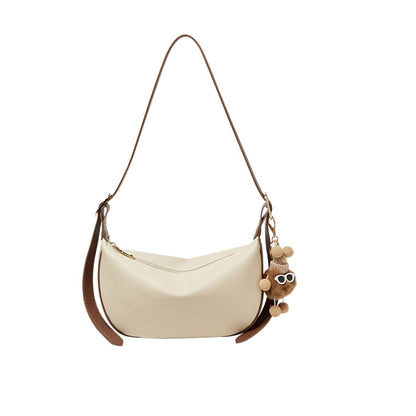 Crescent Leather Crossbody Shoulder Bag with Bear Charm