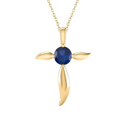 18K Gold Plated Sterling Silver 1.0CT Blue Sapphire Solitaire Cross Pendant with 18" Chain