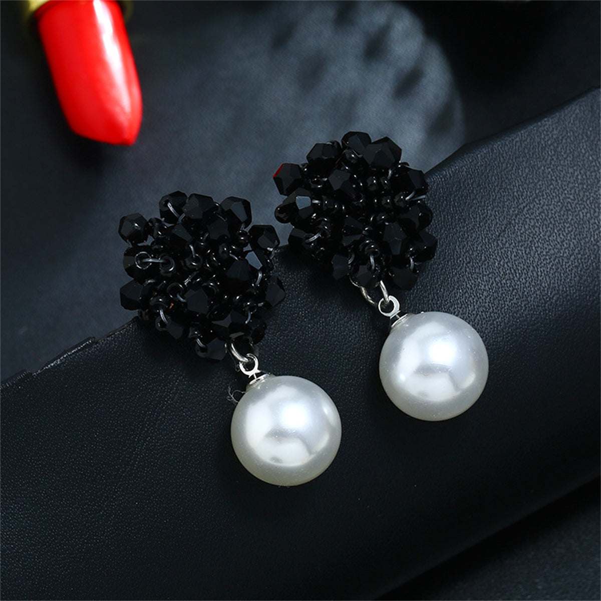 Black Acrylic & Pearl Silvertone Bead Cluster Drop Earrings
