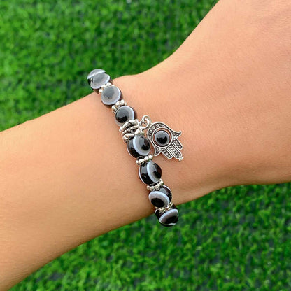 Black Acrylic & Silvertone Evil Eye Hamsa Charm Bracelet