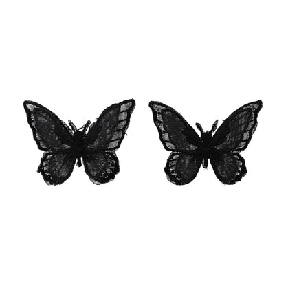 Black & Silvertone Embroidery Butterfly Stud Earrings