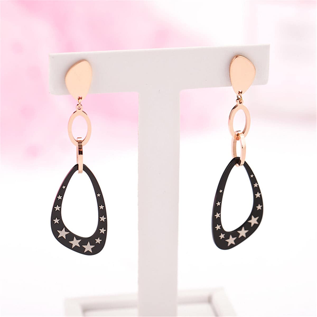 Black Acrylic & Rose Goldtone Star Triangle Drop Earrings