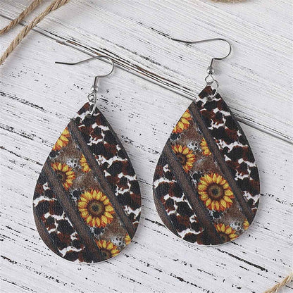 Black & Yellow Cow-Print & Sunflower Drop Earrings