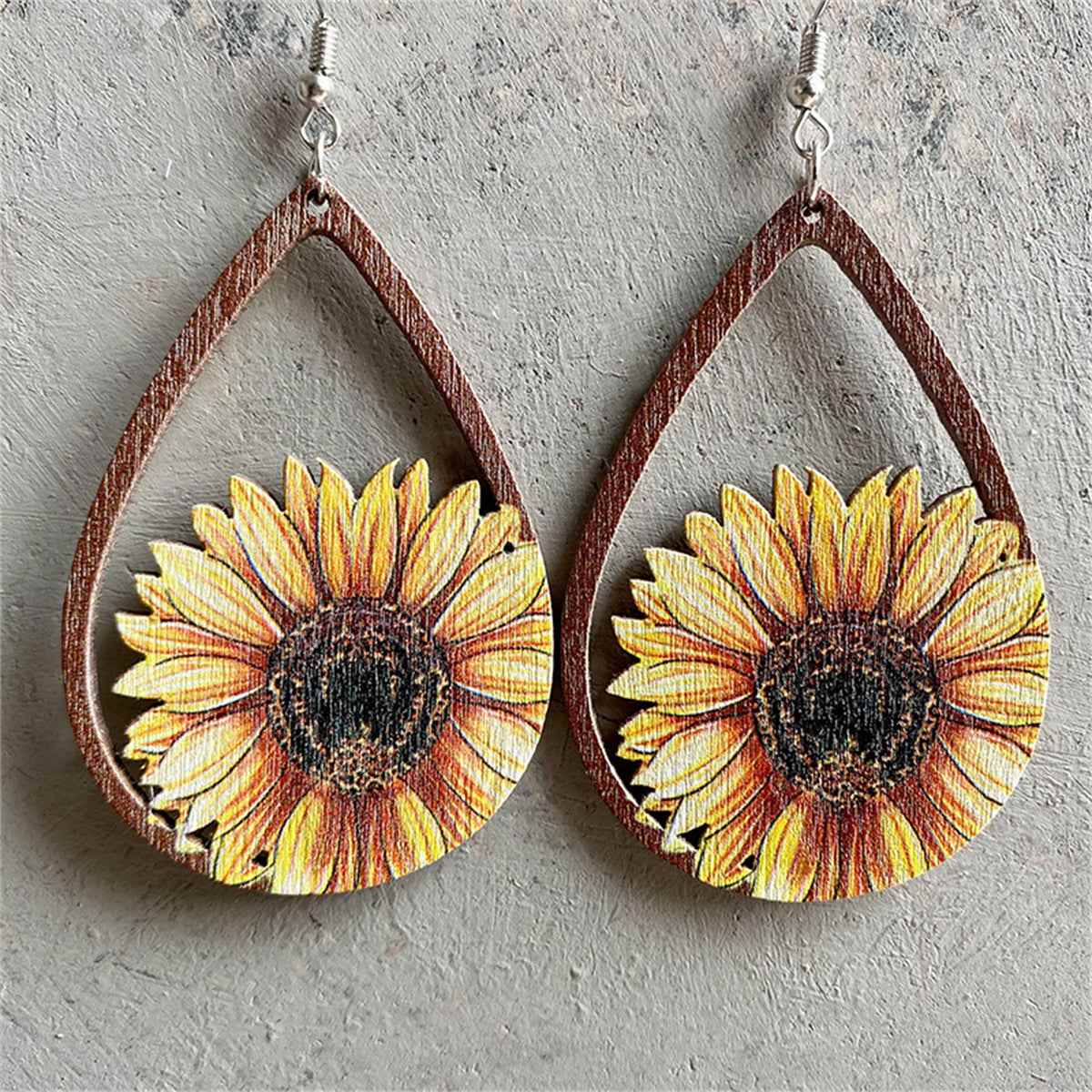 Yellow Wood Sunflower Drop Earrings
