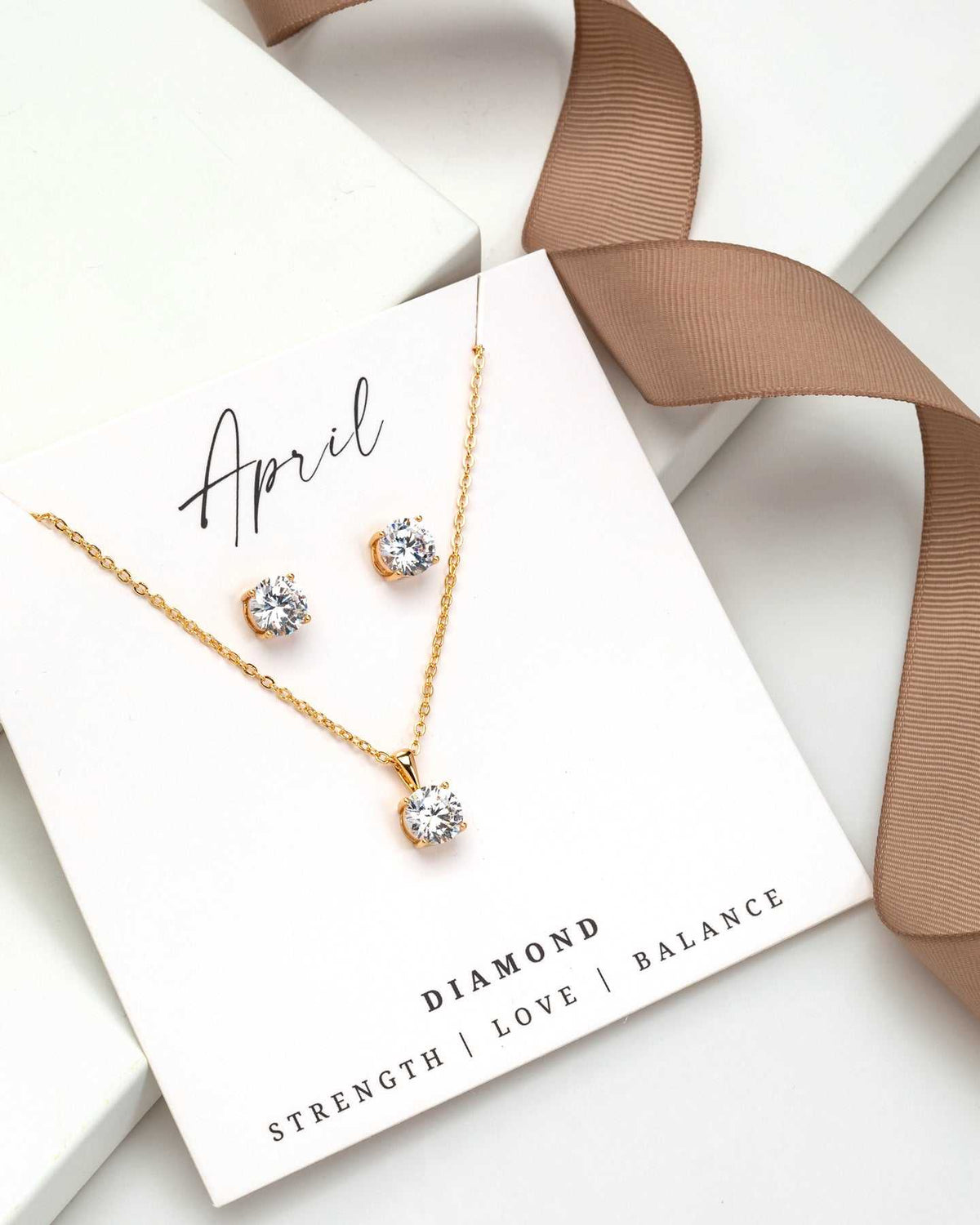 Gold Clear - April Swarovski Crystal Necklace Earrings – Cz Birthstone Stud Earring Circular Pendant Set