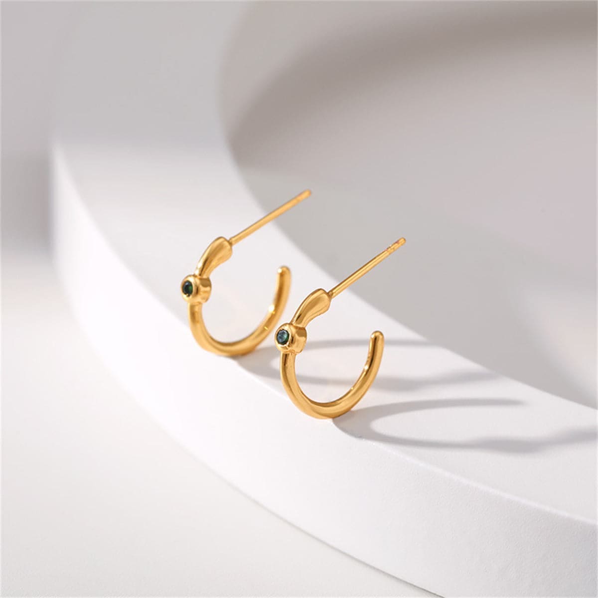 Green Cubic Zirconia & Goldtone Huggie Earrings