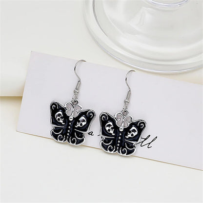 Black & Silvertone Skull Butterfly Drop Earrings