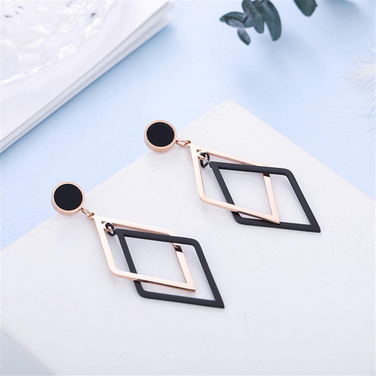 Black Acrylic & Rose Goldtone Rhombus Drop Earrings